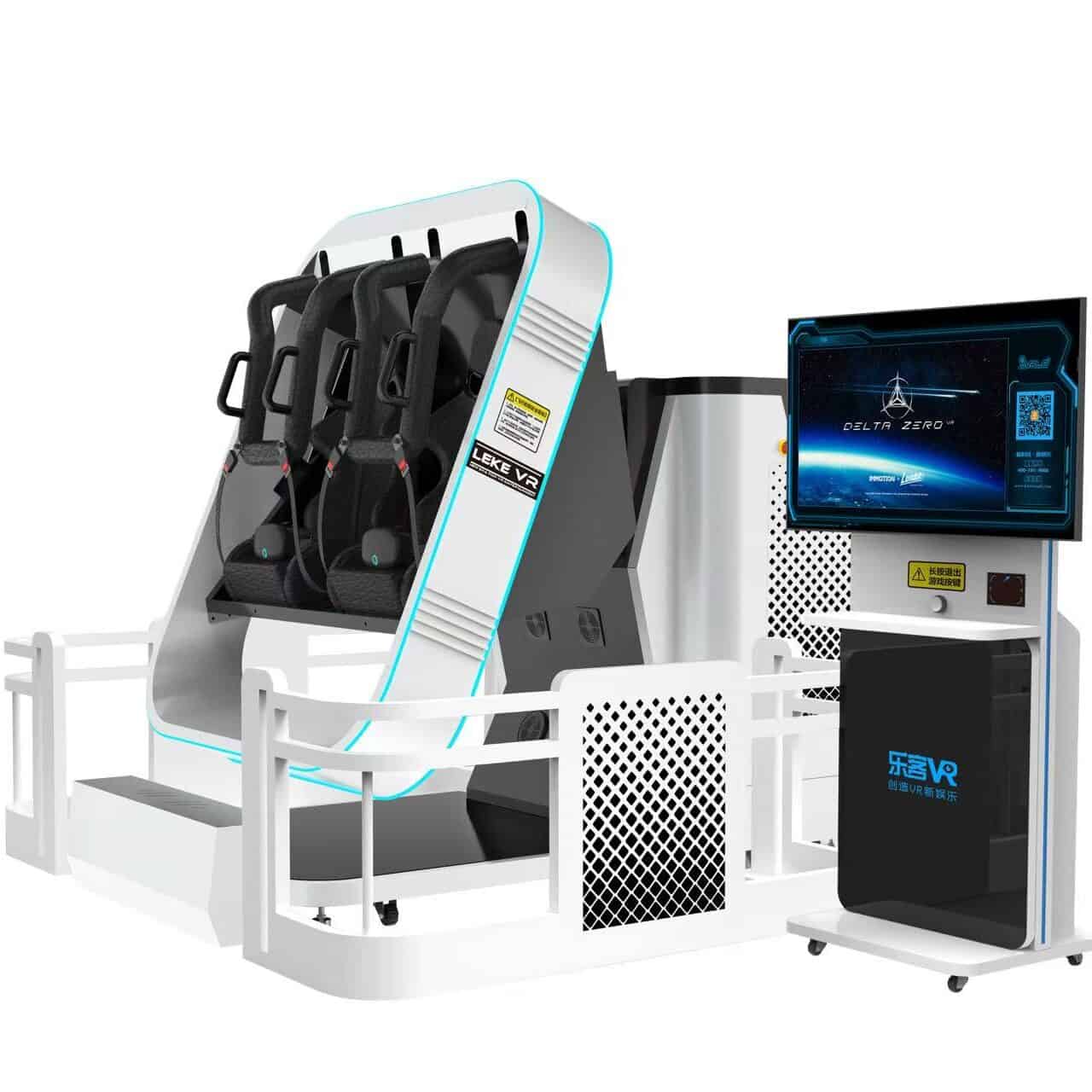 High-tech virtual reality simulator with multiple VR headsets connected for immersive experiences, featuring a sleek design and digital interface for advanced VR entertainment and training applications.