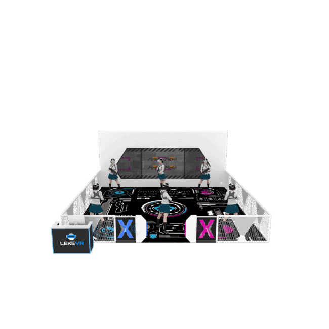 Futuristic virtual reality gaming arena with five players engaged in immersive VR experiences, featuring advanced equipment, vibrant LED lighting, and a sleek, modern design ideal for entertainment and gaming events.