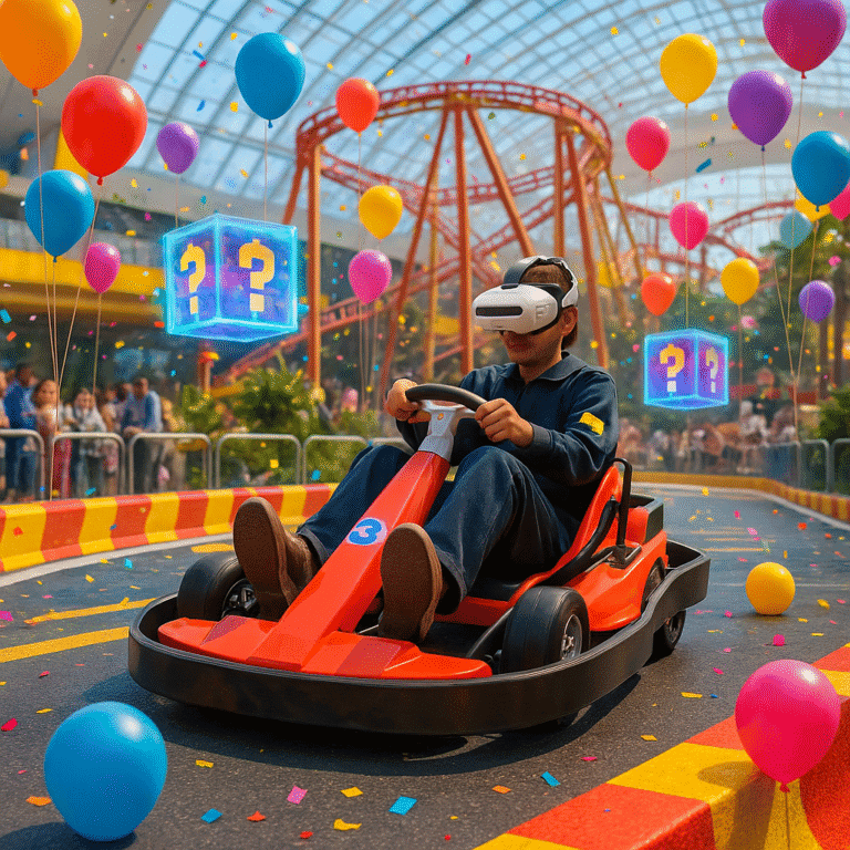 Child enjoying virtual reality experience while riding a go-kart at an indoor amusement park with colorful balloons and arcade games in the background.