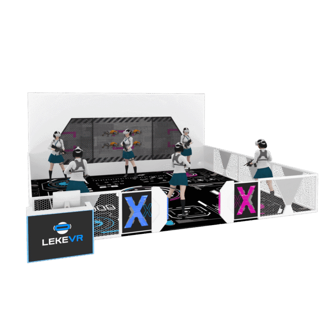 Virtual reality gaming arena featuring immersive VR headsets and motion controllers for interactive experiences with futuristic design and LED lighting.