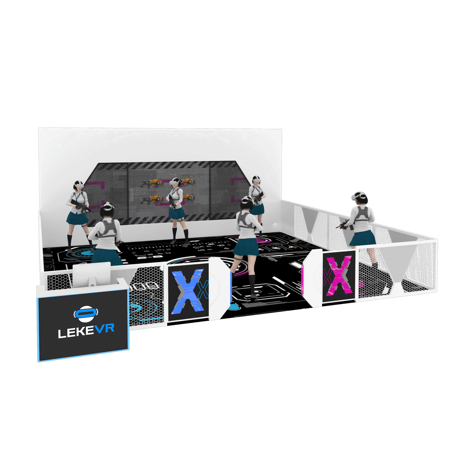 Virtual reality gaming arena featuring immersive VR headsets and motion controllers for interactive experiences with futuristic design and LED lighting.