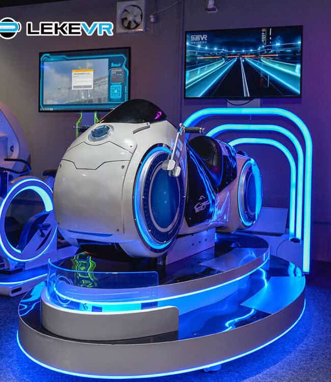 Advanced VR simulator for immersive virtual reality experiences at Lekevrexport, featuring futuristic design and neon lighting for enhanced user engagement.