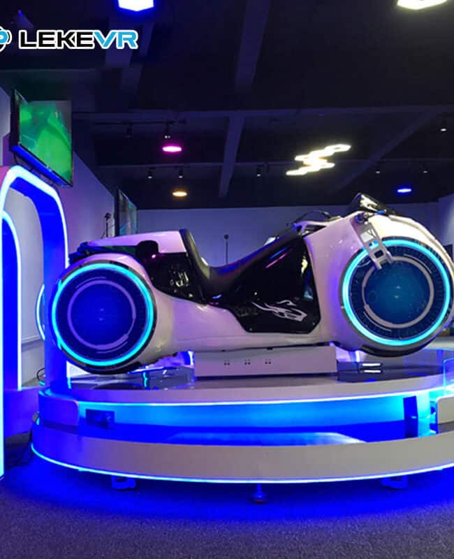 High-tech virtual reality motorcycle simulator at lekevrexport.com, showcasing innovative VR ride experience with immersive lighting and curved digital screens for advanced VR applications.