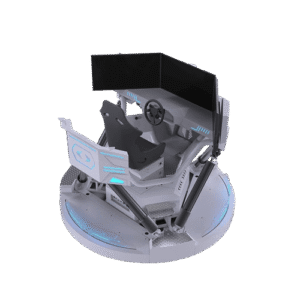 Immersive VR driving simulator with realistic controls and multi-screen setup for training and entertainment.