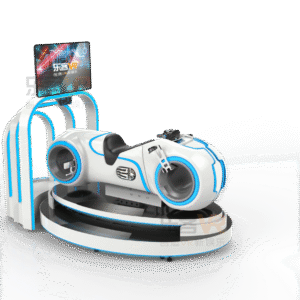 A virtual reality simulator with a sleek white and blue design, featuring a large screen and comfortable headset for immersive gaming experiences.