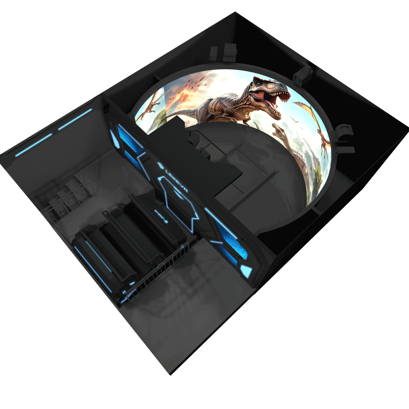 A detailed, futuristic virtual reality headset with a high-resolution display showing a dinosaur scene, designed for immersive gaming and entertainment experiences.
