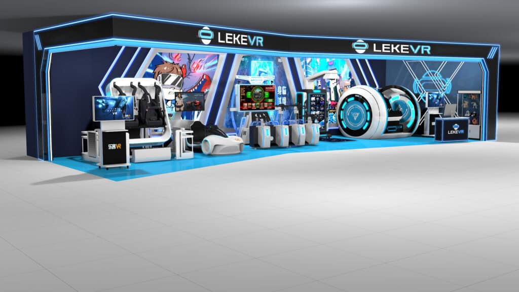 Advanced virtual reality equipment setup at Leke VR exhibition booth showcasing immersive gaming and simulation experiences.