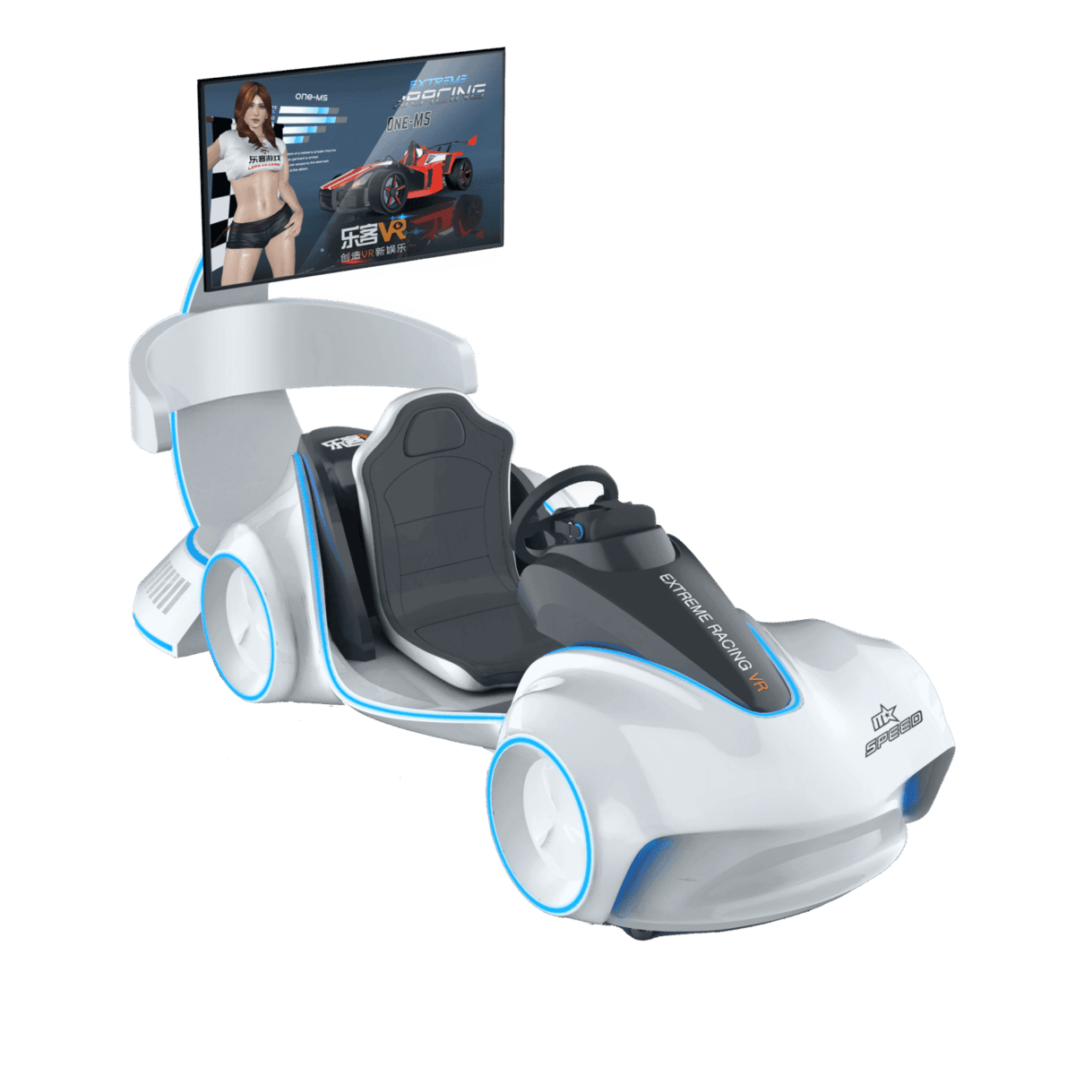 A sleek, futuristic racing simulator car with a digital screen displaying a female model and racing game graphics, designed for immersive gaming experiences and e-sports entertainment.