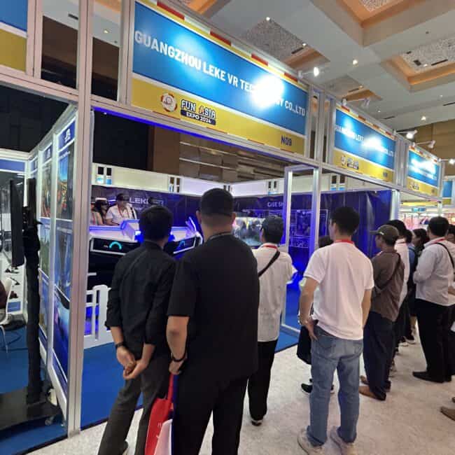 Lkevrexport.com, Guangzhou LeKe VR Technology booth at FUN ASIA Expo 2024 showcasing virtual reality entertainment and gaming solutions.