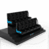 Modern black and blue amusement park ride seats on a platform, designed for thrill rides and entertainment attractions.