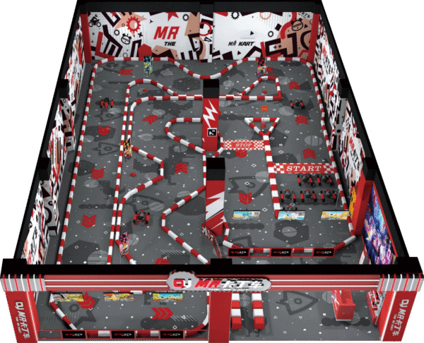 Lekevrexport Indoor Karting Track Indoor go-kart racing track with vibrant red, black, and white design elements.