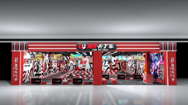 卡丁车样板店1 A detailed indoor go-kart racing track with vibrant red, black, and white decor, featuring multiple racing lanes, safety barriers, and colorful lighting effects, designed for competitive karting event.