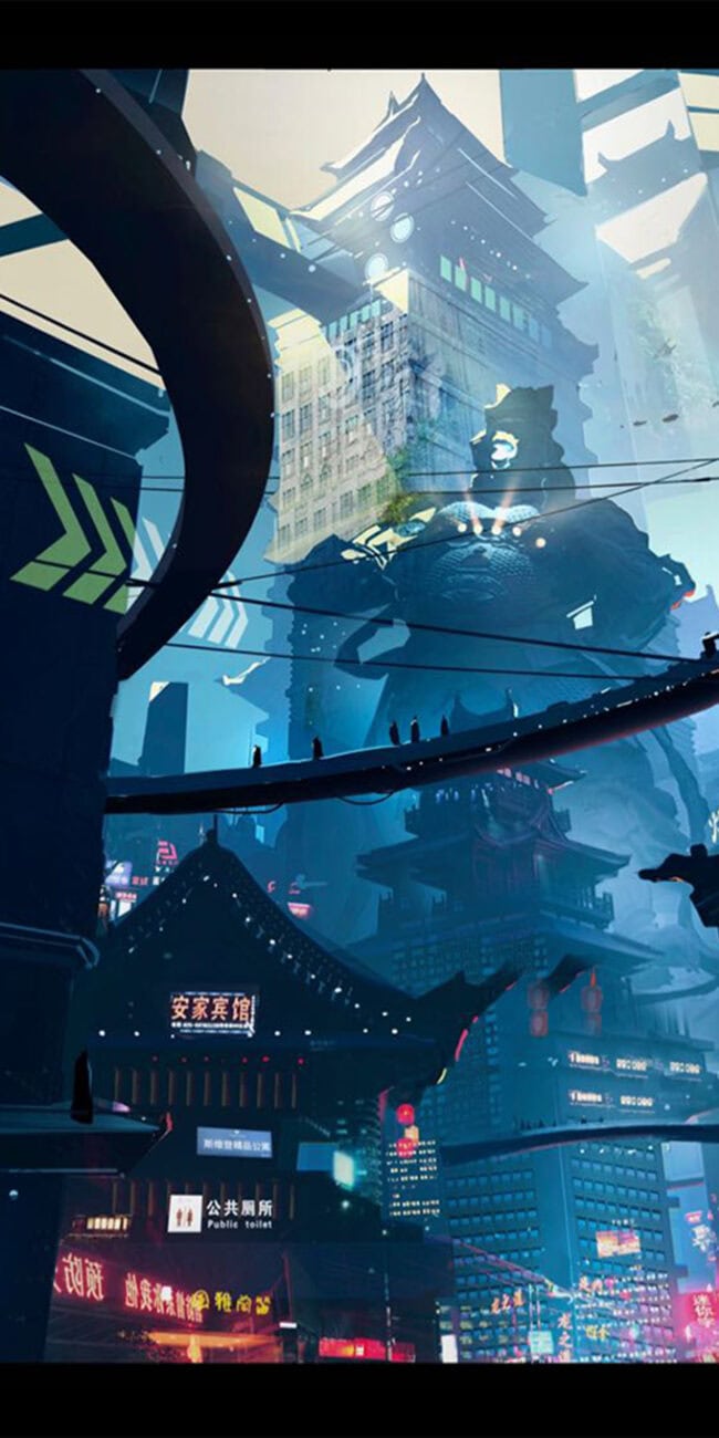 High-tech futuristic cityscape with neon lights, towering skyscrapers, and advanced transportation systems in a cyberpunk style.