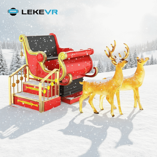 Santa sleigh and reindeer in snowy winter landscape. Christmas sleigh and reindeer decorations in a snowy winter scene, perfect for holiday festivities and Christmas events. Bright red sleigh with gold accents and festive reindeer create a joyful holiday atmosphere.