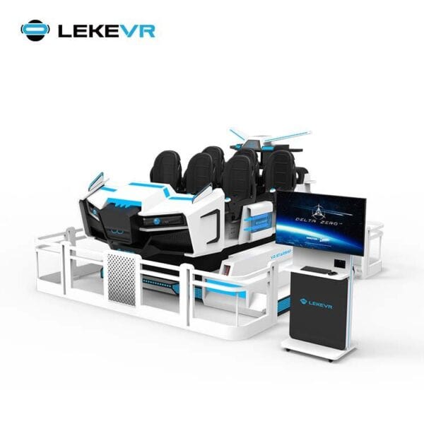 VR Simulator Ride for Immersive Experience. High-tech VR simulation ride with multiple seats, realistic controls, and interactive screens for immersive virtual reality entertainment and training experiences.