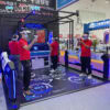 High-tech VR Arcade. Immersive VR gaming experience at trade show booth.