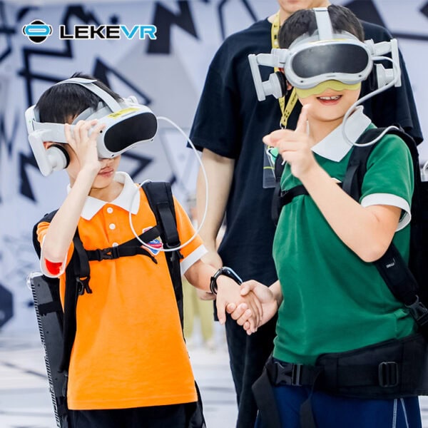 VR kids experience for fun and education at LekevreXport. Kids wear VR headsets in a modern setting, engaging in interactive virtual reality activities designed for children. Perfect for family entertainment and learning. Child-friendly VR virtual reality arcade experience, engaging kids with immersive virtual environments. Suitable for children and families, encouraging exploration and fun through innovative VR technology at LekevreXport.
