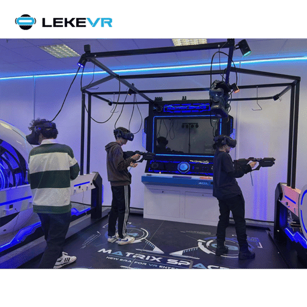 Virtual Reality Gaming Area. Immersive VR gaming setup with multiple players using VR headsets and controllers in a modern, high-tech environment for entertainment and gaming experiences.