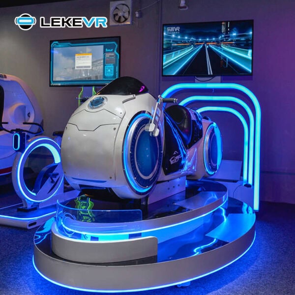 Futuristic VR Simulator Ride. High-tech immersive VR simulator machine with sleek design and neon lights, perfect for virtual reality entertainment and gaming experiences.
