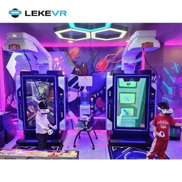 Immersive VR arcade with vibrant neon lighting, kids playing with advanced virtual reality headsets and controllers, creating an exciting gaming environment at LEKE VR.