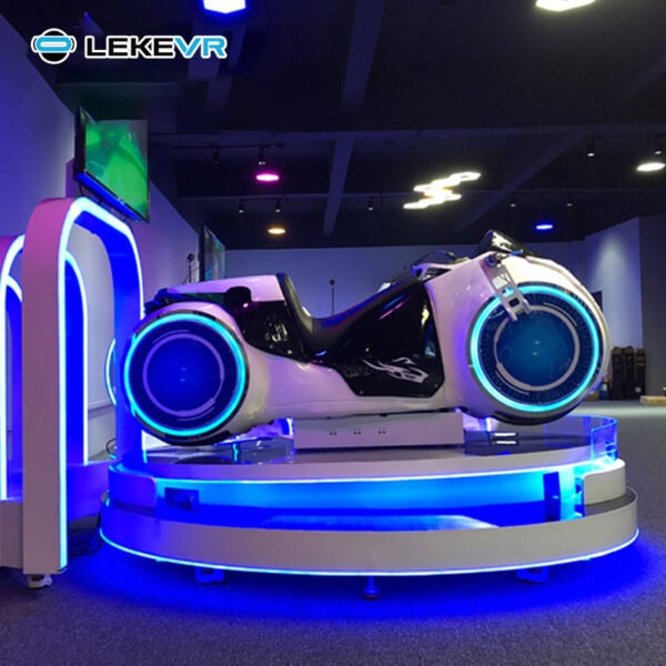 LekeVR Electric Motorcycle. Futuristic motorcycle ride simulation with illuminated design and immersive VR technology for entertainment venues or exhibitions.