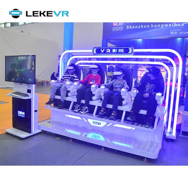 Children enjoying immersive virtual reality gaming with VR headsets and chairs at an interactive VR booth.
