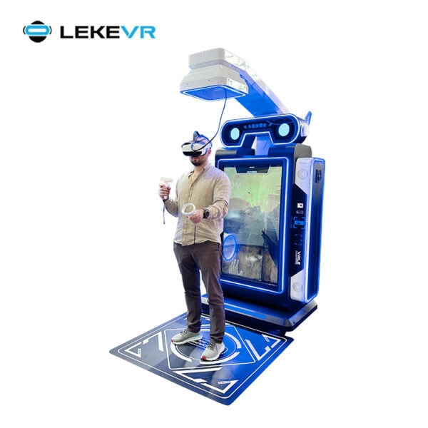 High-tech VR arcade machine for immersive virtual reality experiences, featuring a large interactive screen, motion sensors, and a VR headset for enhanced entertainment.