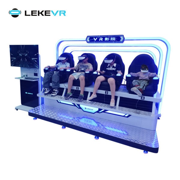 Kids wearing VR headsets enjoying immersive virtual reality gaming experience in a modern VR arcade setup, designed for entertainment and fun.