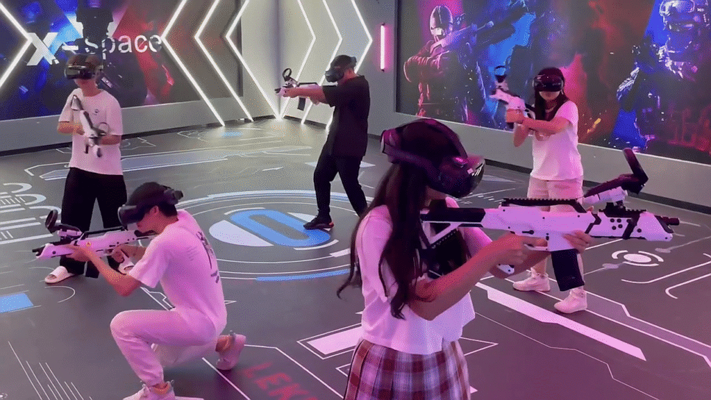 Players moving freely inside the X-Space wireless free-roam multiplayer VR arena