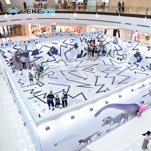 Indoor VR experience with dynamic geometric design at Lekevr Export shopping mall. Immersive virtual reality zone in a shopping mall featuring bold geometric patterns and dinosaur elements, perfect for entertainment and family fun.