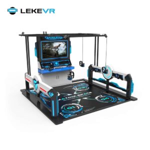High-tech VR gaming setup with interactive screens, motion sensors, and multiple controllers, designed for immersive virtual reality experiences and entertainment. Perfect for gaming centers.
