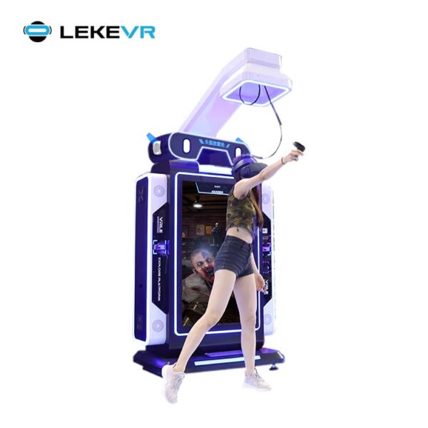Girl enjoying virtual reality gaming on LekeVR arcade machine, immersive VR gameplay, latest VR technology, entertainment, fun attractions, innovative gaming.