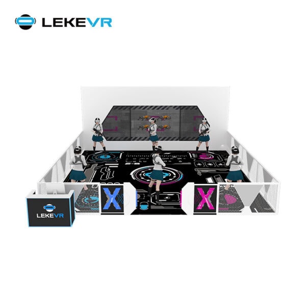 Immersive VR gaming experience featuring robots, customizable interactive environments, and advanced technology for entertainment and team-building activities.
