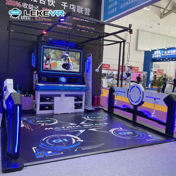 VR Gaming Station with Neon Lights and Interactive Floor. An advanced virtual reality gaming setup featuring immersive VR headsets, interactive LED floor, and futuristic controls at a technology expo. Perfect for engaging VR experiences and showcasing innovative gaming solutions.
