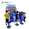 Arcade Shooting Game Station. Children playing with a futuristic VR arcade shooting game with multiple kids aiming guns at a large screen, illuminated blue gaming console, and seating stools for an exciting virtual experience.