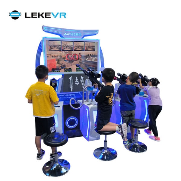 Arcade Shooting Game Station. Children playing with a futuristic VR arcade shooting game with multiple kids aiming guns at a large screen, illuminated blue gaming console, and seating stools for an exciting virtual experience.