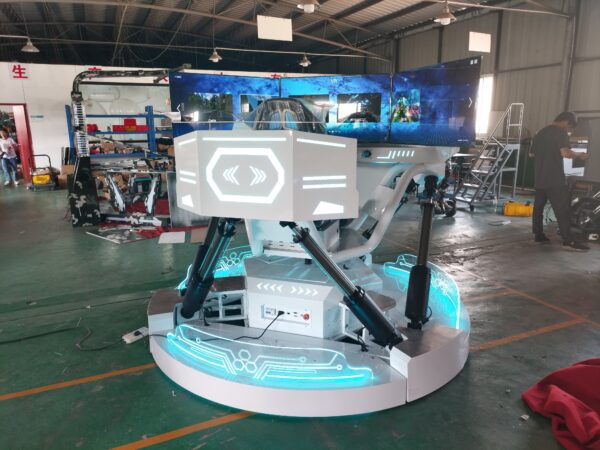 Robot with VR screens for immersive experiences in innovation centers. Modern robot equipped with multiple large displays for virtual reality gaming and immersive experiences at tech exhibitions.