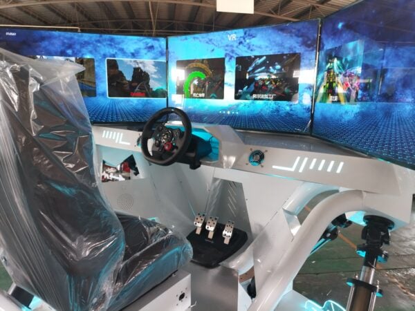 Futuristic racing simulator with multiple screens, steering wheel, pedals, and VR integration, designed for immersive car racing experience and e-sports competitions. High-tech racing simulator with multi-screen setup and steering wheel interface.