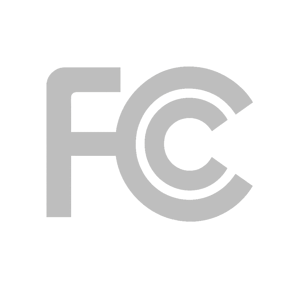 Home 64 Close-up of a black and white "FCC" logo on a dark background, representing certification and compliance in electronics and communication industries.