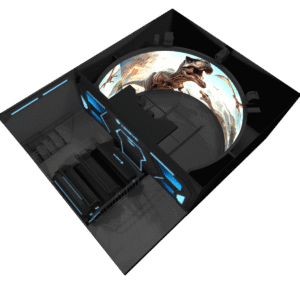 A detailed, futuristic gaming console with a large, curved screen displaying a dinosaur scene, featuring sleek black design and blue LED accents.