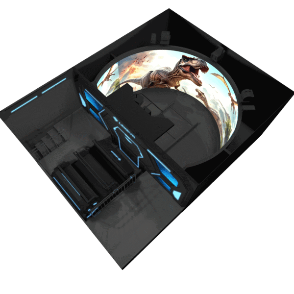 A detailed, futuristic gaming console with a large, curved screen displaying a dinosaur scene, featuring sleek black design and blue LED accents.