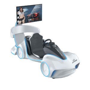 An immersive driving simulator with a sleek design, adjustable seat, and large screen display for realistic racing experiences. Perfect for gaming centers and entertainment venues.