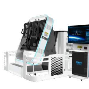 A detailed virtual reality simulator with multiple seats and a large display screen, designed for immersive VR experiences and training purposes.