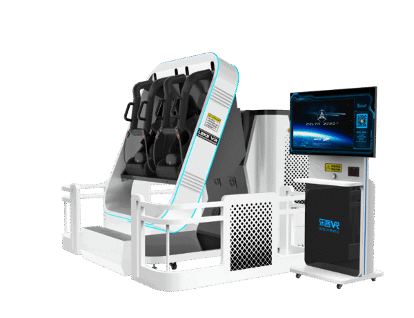 A detailed virtual reality simulator with multiple seats and a large display screen, designed for immersive VR experiences and training purposes.