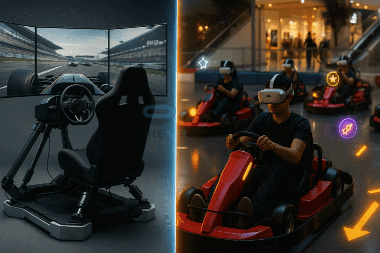 Virtual reality racing simulator with racing seat, steering wheel, and multiple screens for immersive driving experience.