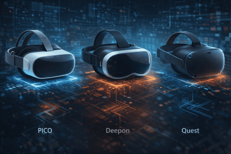 VR headsets PICO, Deepon, and Quest displayed on a digital futuristic background, highlighting advanced virtual reality technology for immersive experiences and gaming.