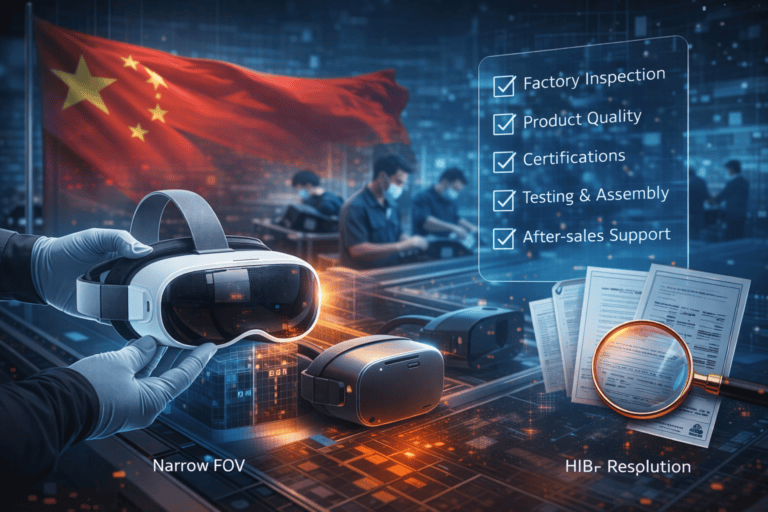 High-tech virtual reality headset and electronic devices with factory inspection checklist, product quality, certifications, testing, and after-sales support icons, emphasizing advanced manufacturing.