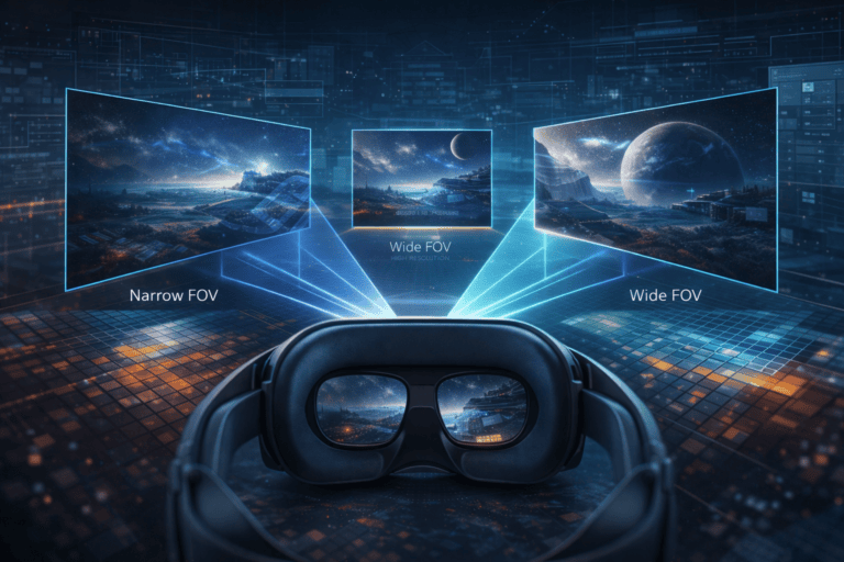 Immersive virtual reality headset displaying different field of view options, including narrow, wide, and full view, for enhanced digital experiences and immersive gaming or simulation environments.