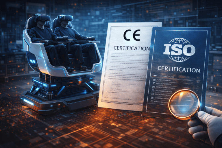 Enhanced virtual reality experience with two users seated in a futuristic pod, reviewing certification documents including ISO and CE standards, highlighting advanced technology and quality assurance.