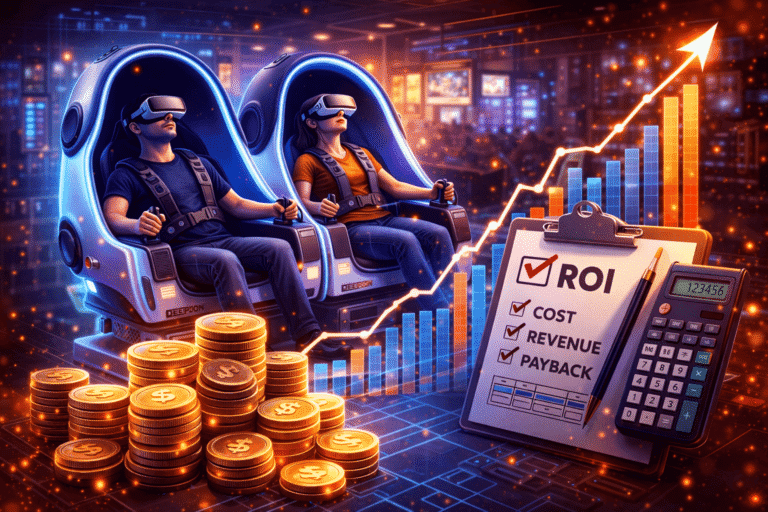 The image shows two people wearing virtual reality headsets seated in futuristic chairs, with financial growth charts, coins, and a calculator indicating business success and ROI analysis.